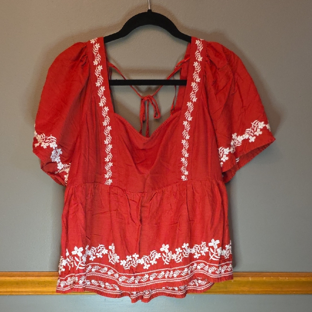 Old Navy Red Blouse with White Embroidery